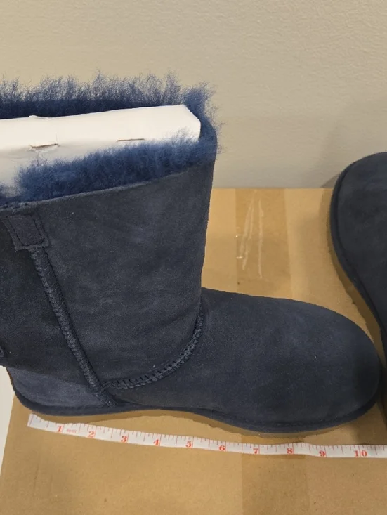 UGG Navy Short Suede Boots with Shearling Trim, 2x Bows On Each Boot - Picture 7 of 14